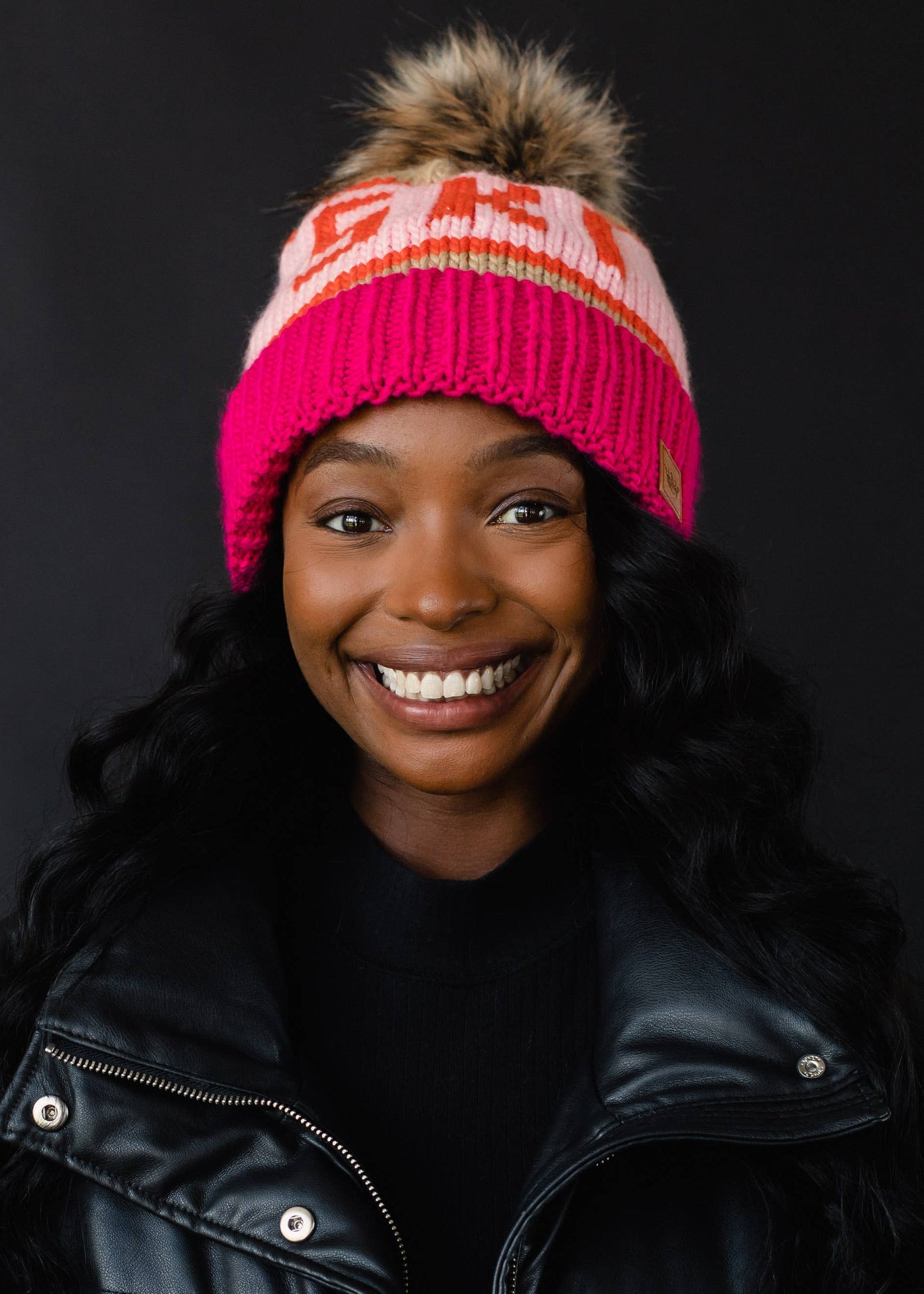 Pink, Tan & Lt. Pink Ski Pom Hat