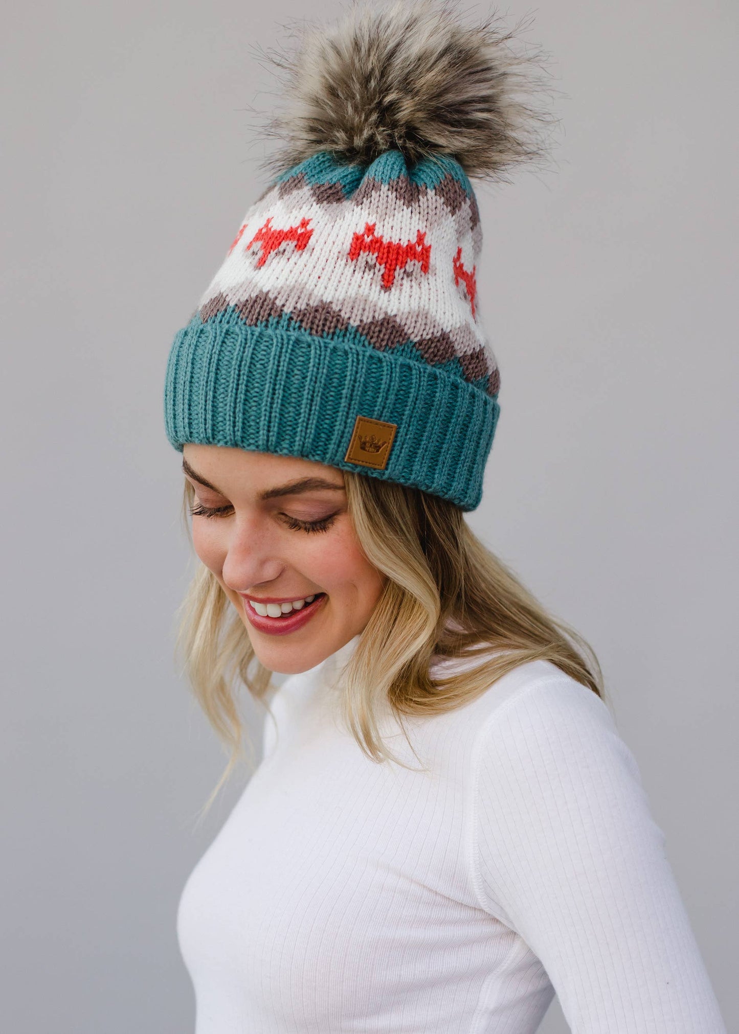 Blue Fox Patterned Pom Hat