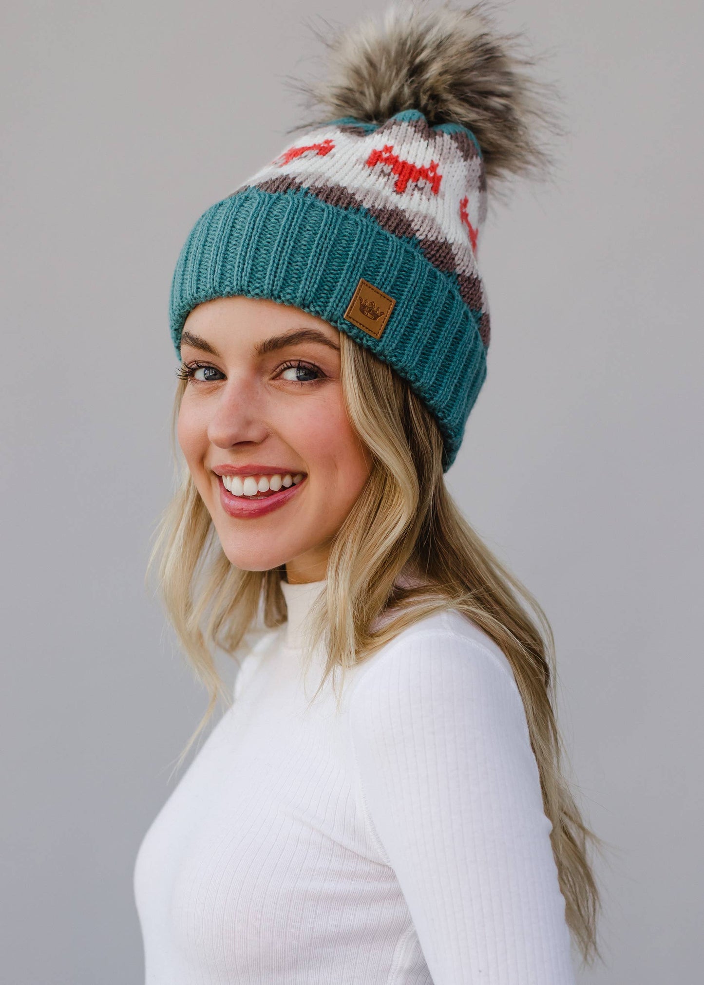 Blue Fox Patterned Pom Hat
