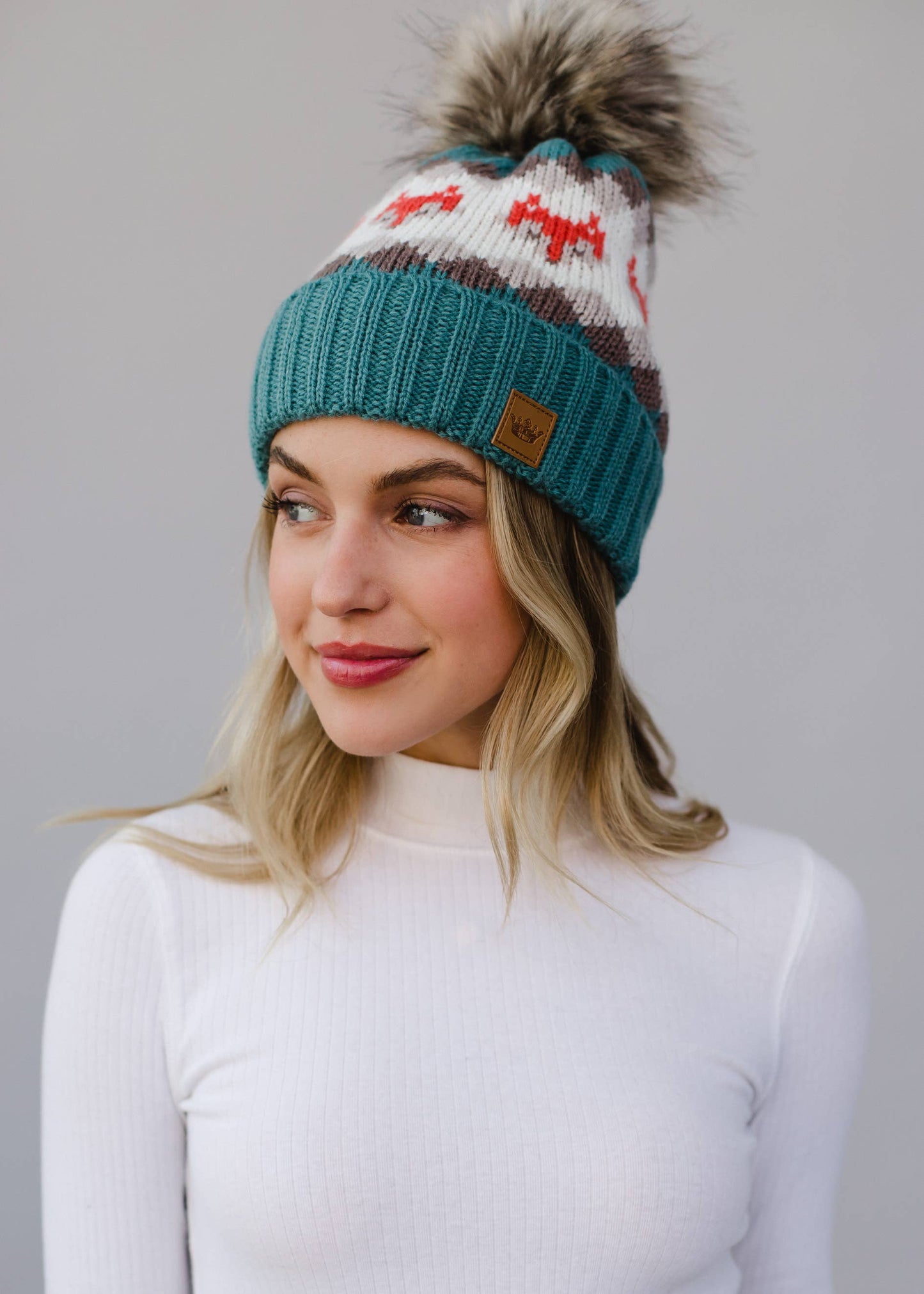 Blue Fox Patterned Pom Hat