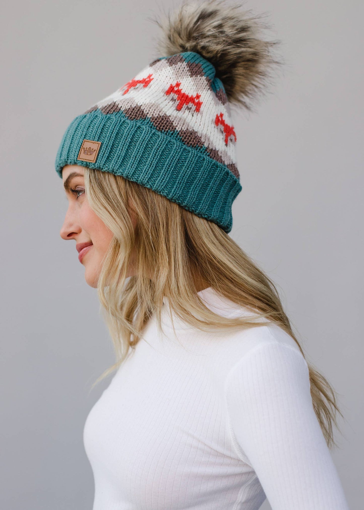 Blue Fox Patterned Pom Hat