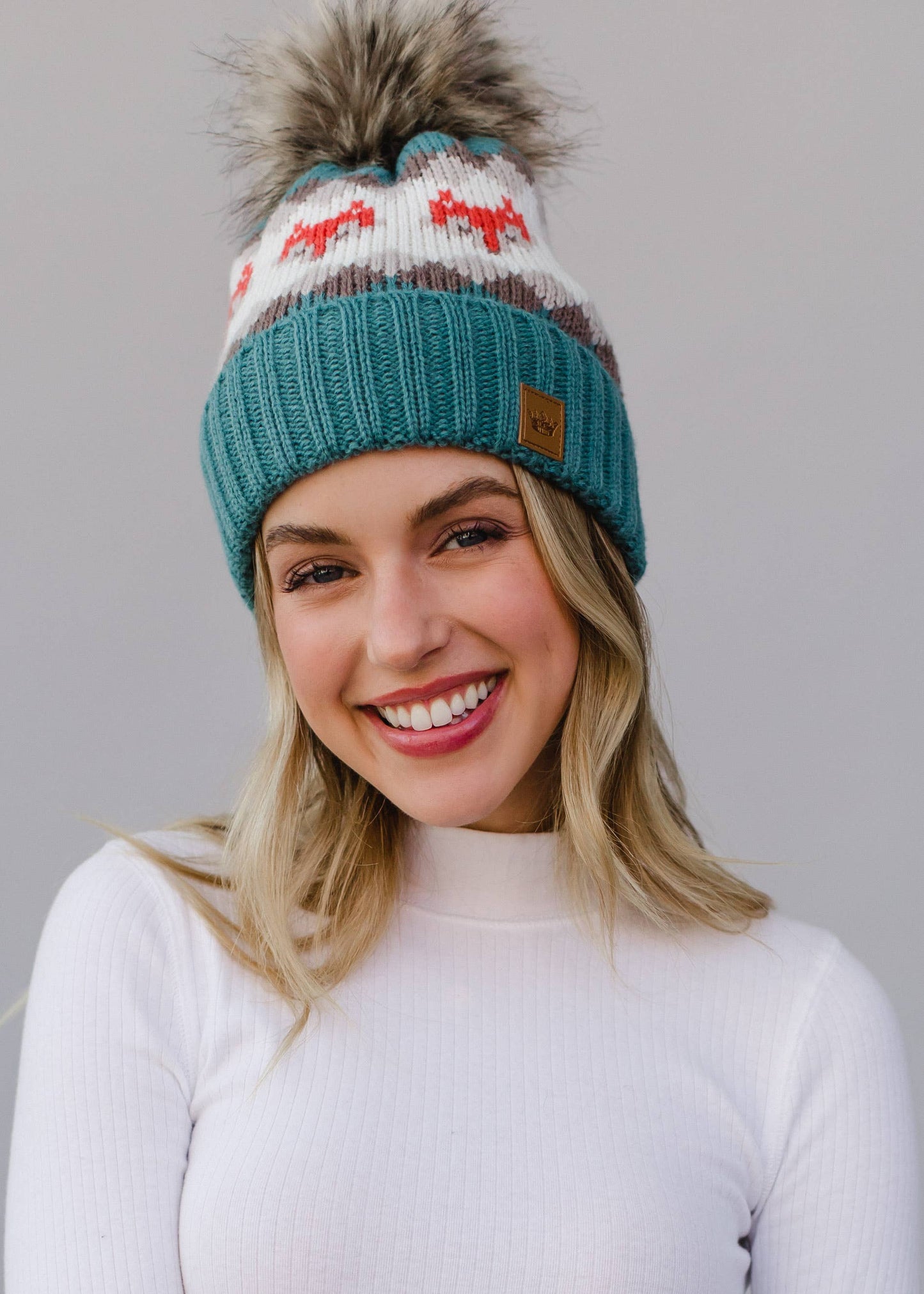 Blue Fox Patterned Pom Hat
