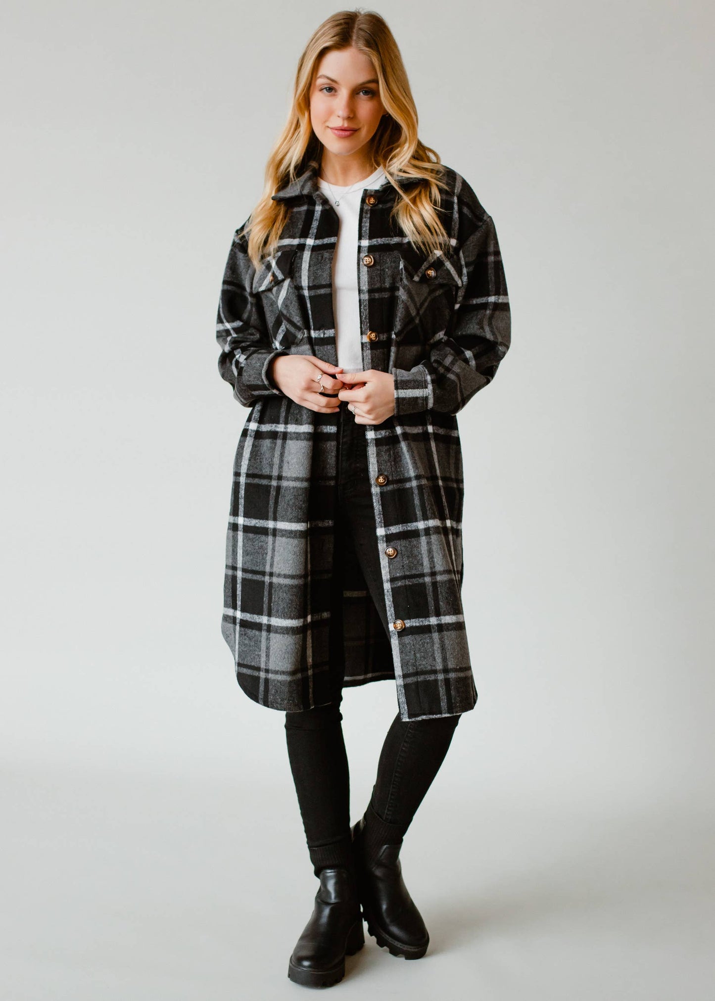 Black, Gray & White Plaid Long Flannel