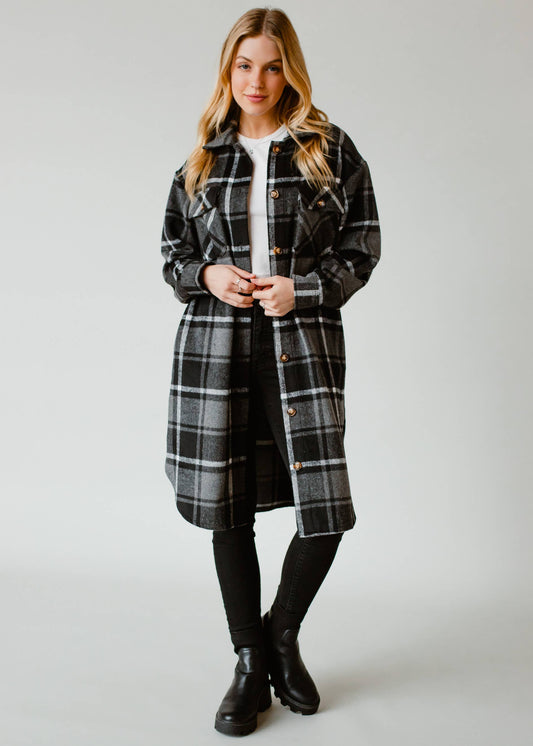 Black, Gray & White Plaid Long Flannel