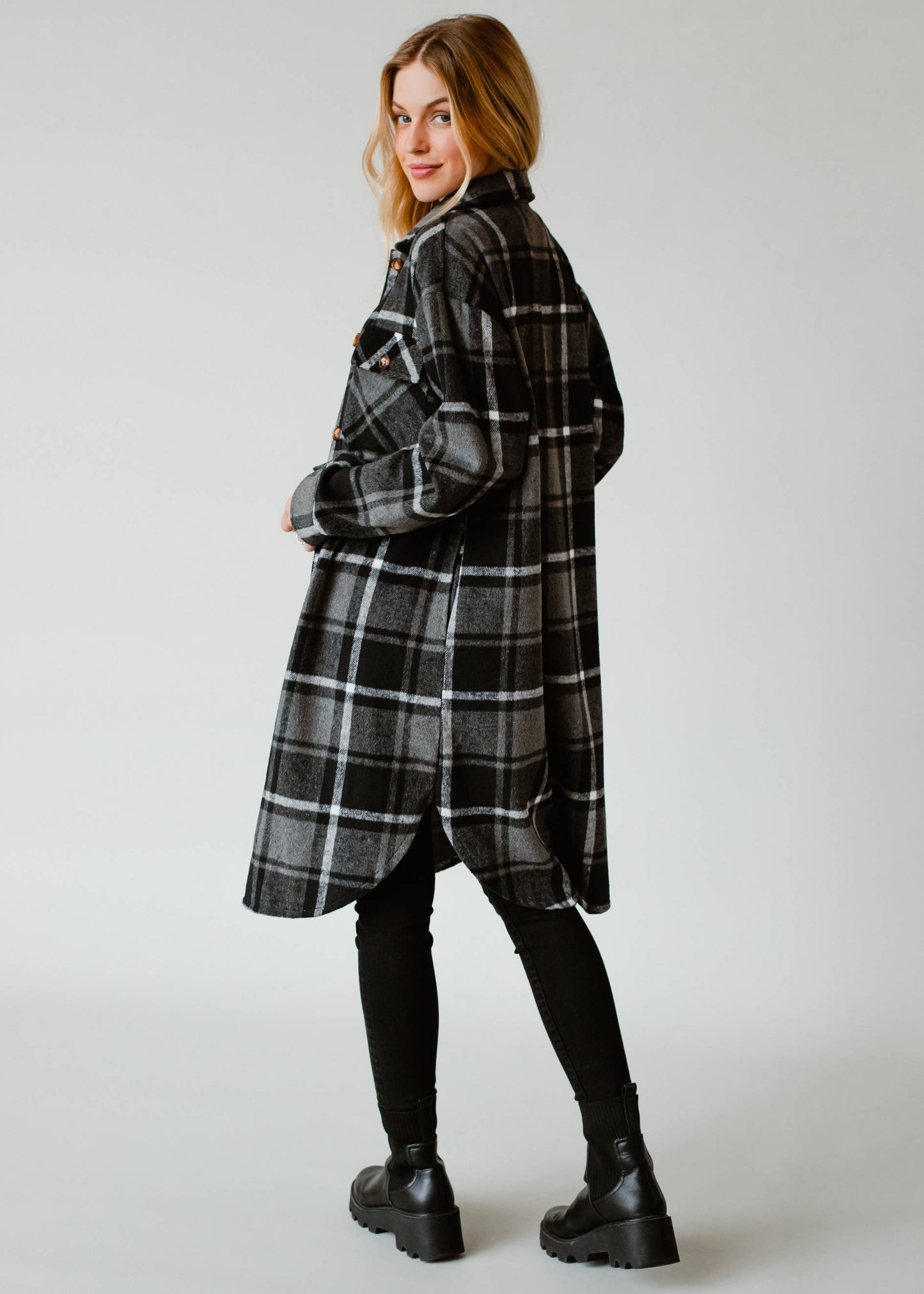 Black, Gray & White Plaid Long Flannel