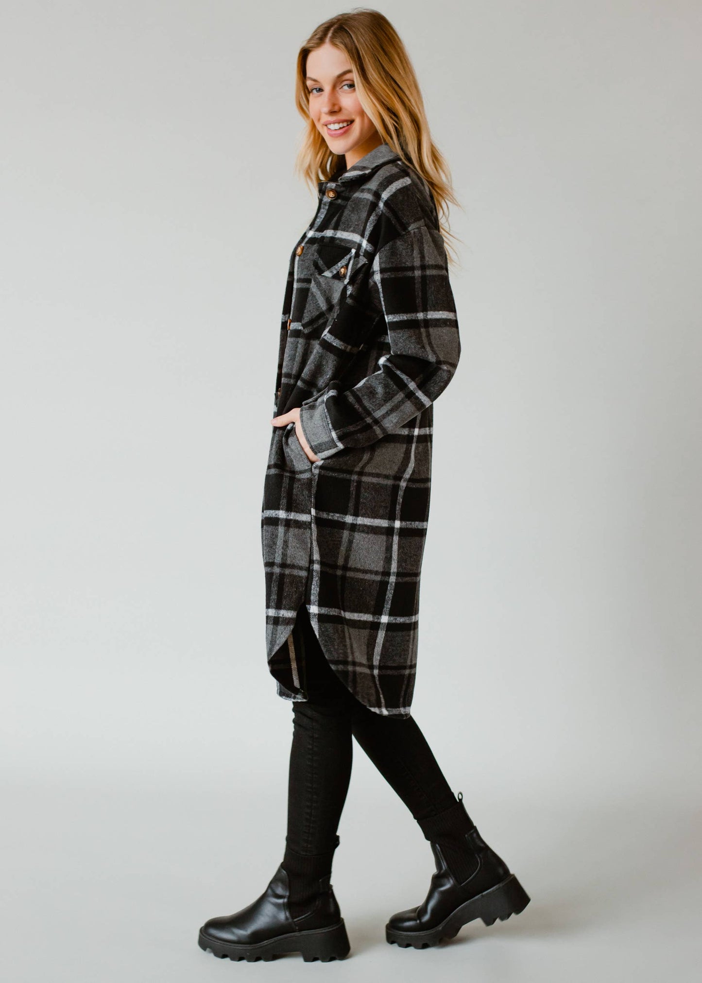 Black, Gray & White Plaid Long Flannel