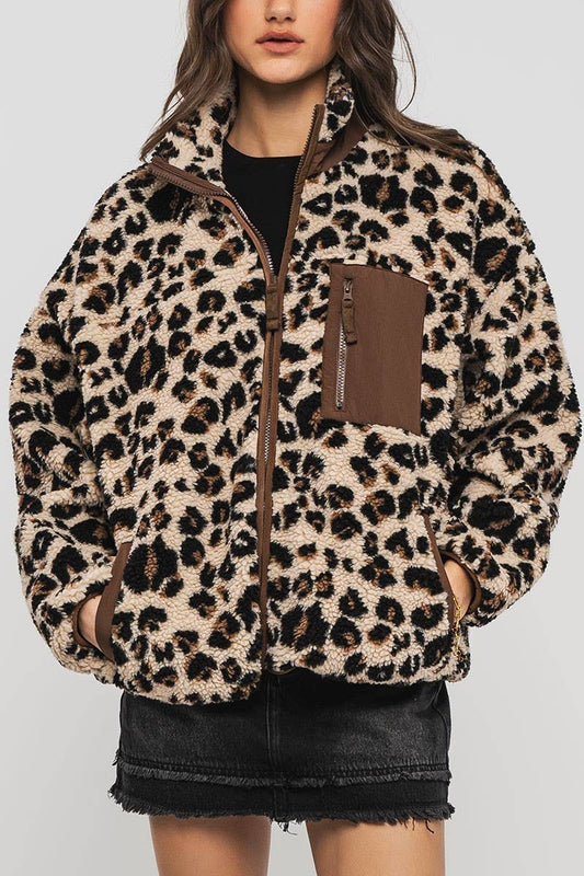 Leopard Print Sherpa Fleece Chest Pocket Zip Jacket