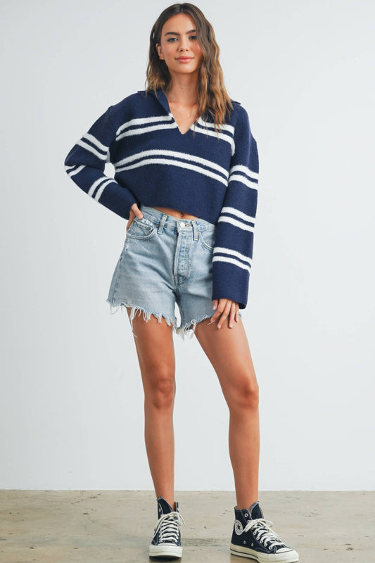 Stripe Crop Collar Sweater Top - BMW7393