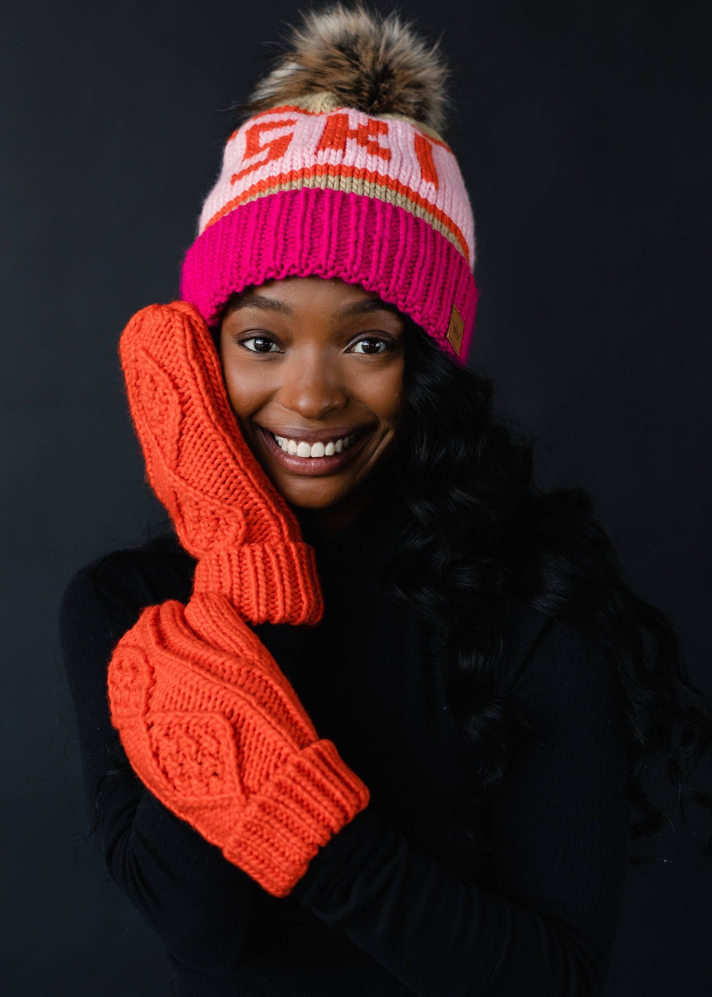 Pink, Tan & Lt. Pink Ski Pom Hat