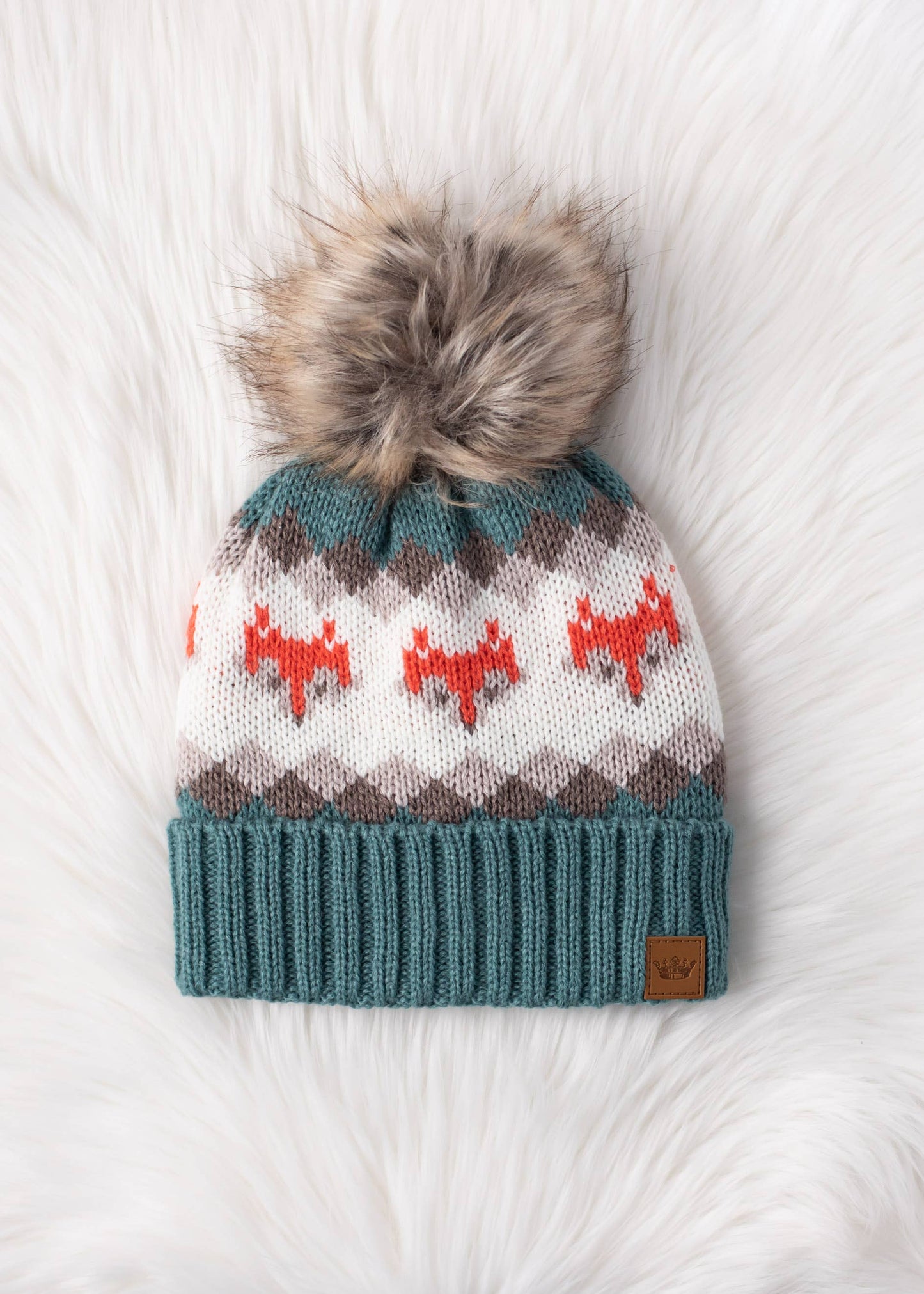Blue Fox Patterned Pom Hat