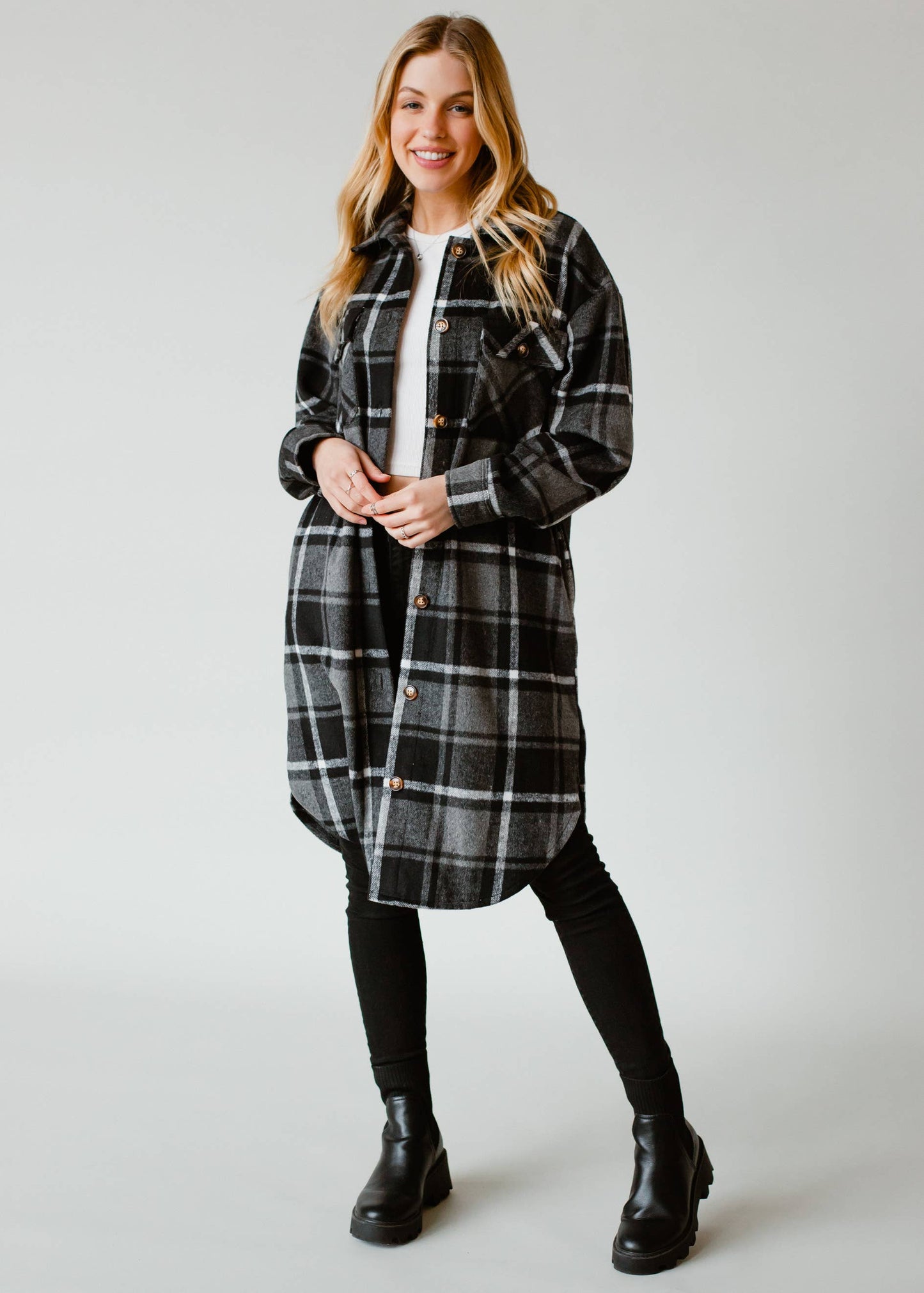 Black, Gray & White Plaid Long Flannel